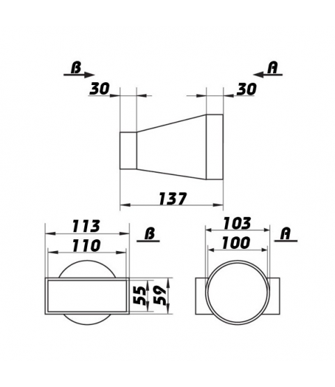 Plastová redukcia z kruhového na hranaté potrubie Ø 100 mm / 110x55 mm, vodorovná